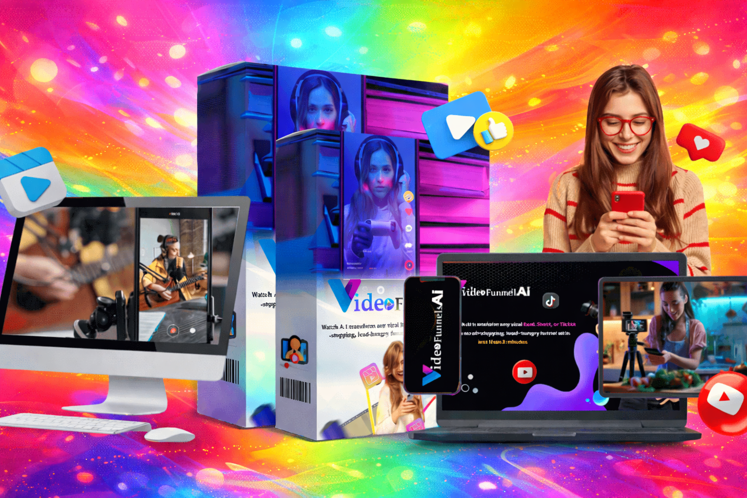 VideoFunnels AI Review promotional image showing creators using smartphones and cameras to turn short videos into marketing funnels.